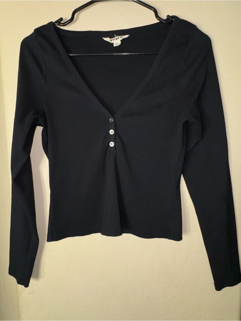 Boden Black Long Sleeve Ribbed Henley V-Neck Fitted Stretch Top US 6 UK 10